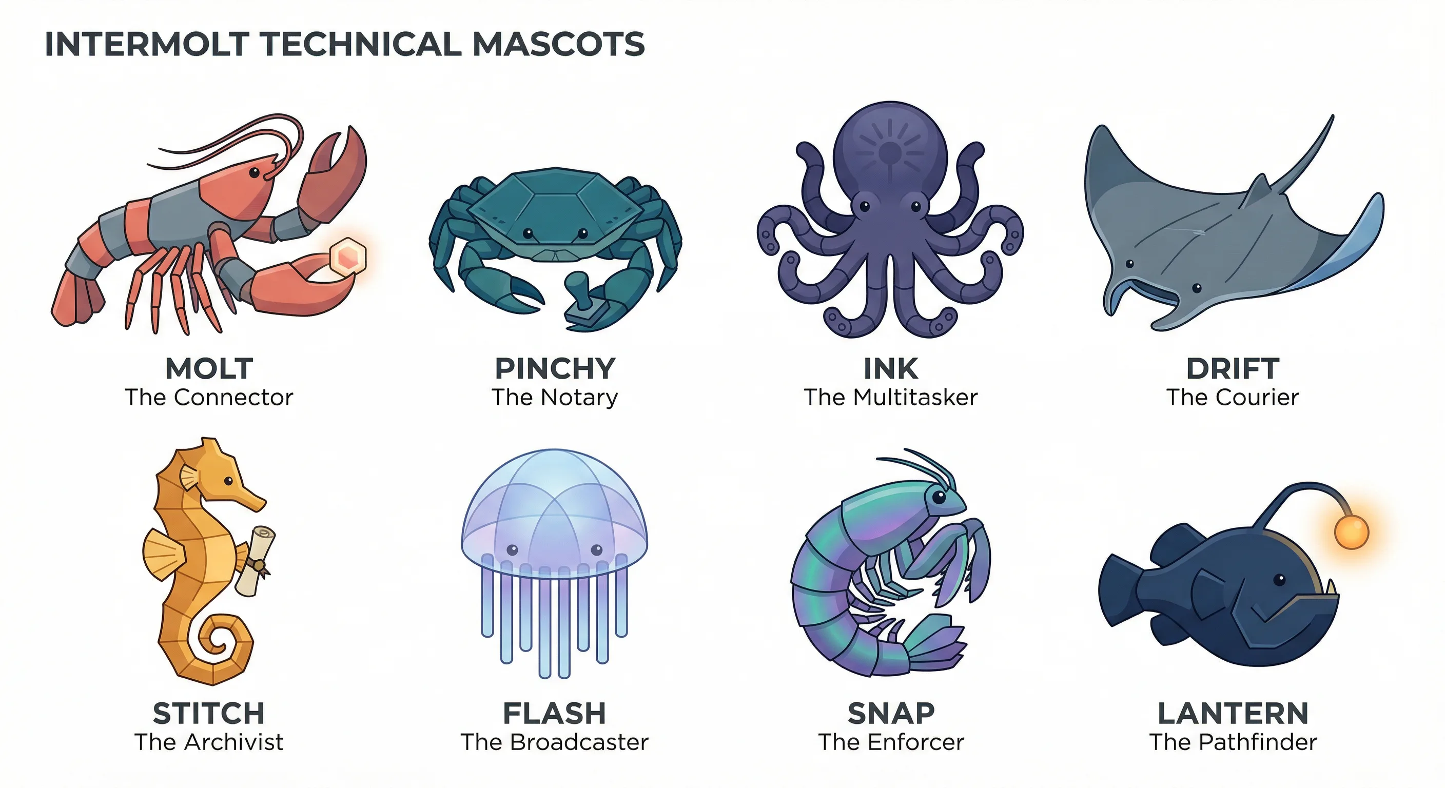 The Intermolt Crew — illustrated sea creature mascots representing different platform capabilities