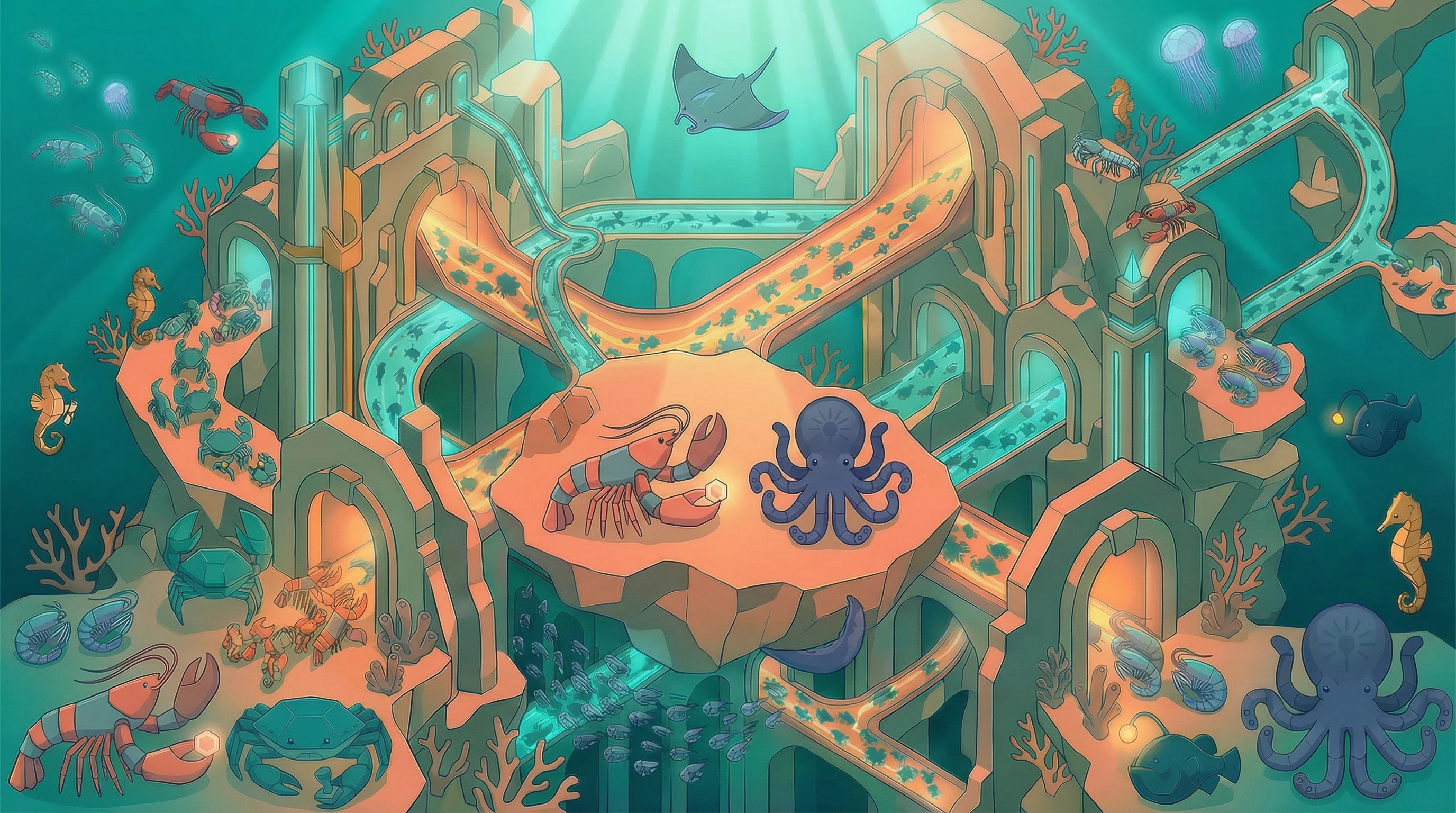Intermolt — a vibrant underwater ecosystem where diverse sea creatures and AI agents converge at an illuminated hub